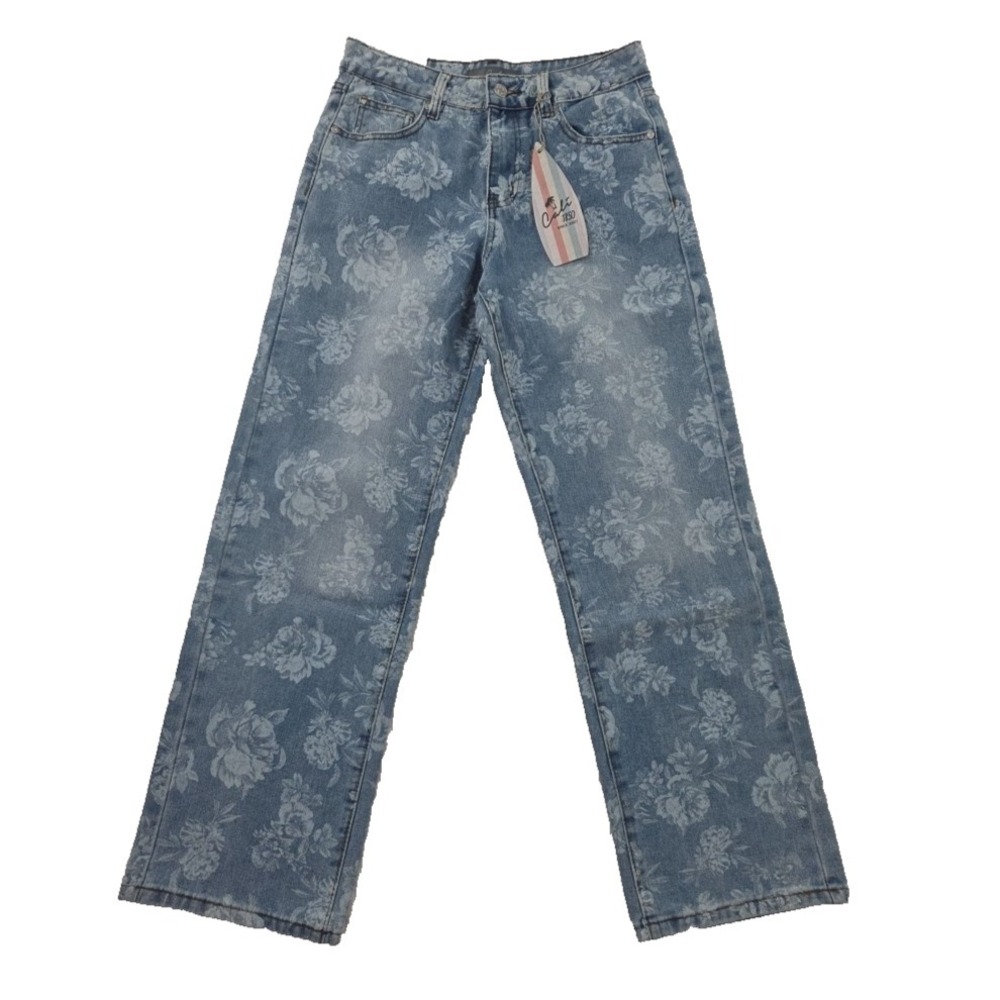 Cali 1850 Jeans Womens 5/27 Light Wash Floral AOP NEW Straight Leg NWT Stretch‎